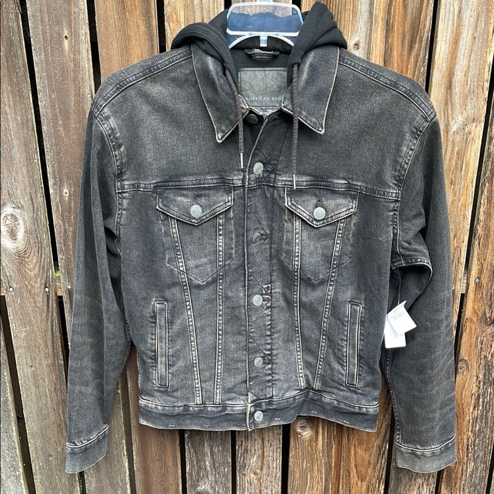 American Eagle Mens Small Jean Jacket Hood Black Denim Button Front S Pockets